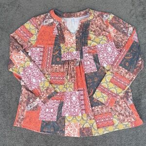 Anyally XL Patchwork Paisley Print Long Sleeve Pleated Front Boho Blouse Top